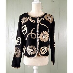 Sigrid Olsen Cardigan Sweater Womens XS Black Old Money Artsy Loud Luxury 90s